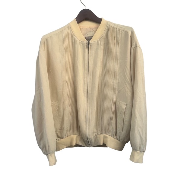 Scandia Woods Mens XL Cream 100% Silk Pintuck Pleated Full Zip Bomber Jacket